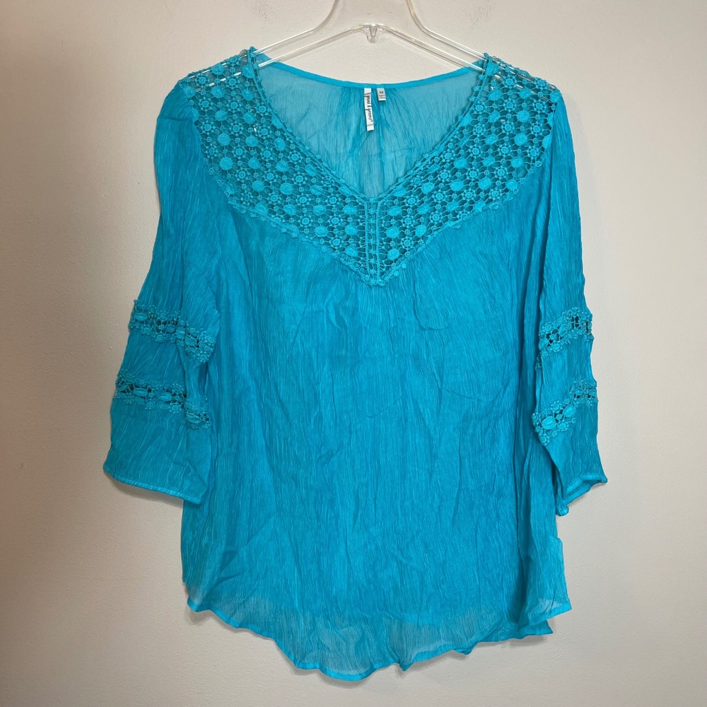 Grand & Greene Turquoise Blue Crochet Lace V-Neck Crinkle Blouse Plus Size 3X